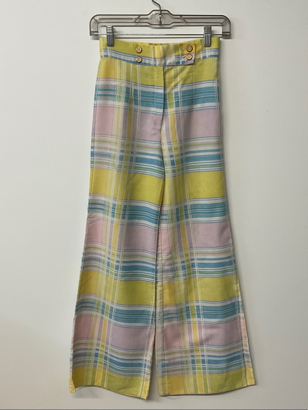 Russ Pastel Plaid High-Waist Wide-Leg Pants in Yellow, Blue, Pink